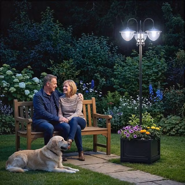 OUTSUNNY 3-Head LED Solar Street Light Post with Planter Base in Black – 1