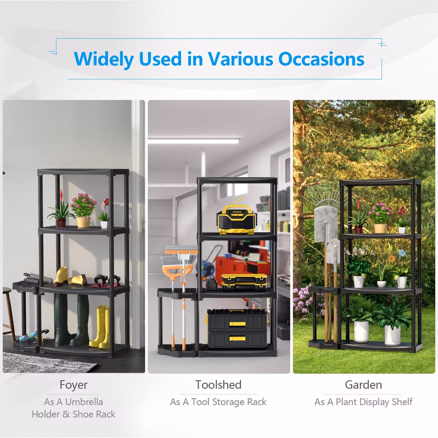 Gymax 4-Tier Black Garage Shelving Unit and Freestanding Tool Rack with 11-Hole Sided Holder – 8
