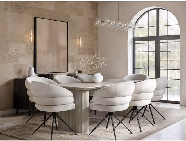Solace+Co Zoya Ceramic Dining Table and 8 Eira Upholstered Chairs Set in Beige and White