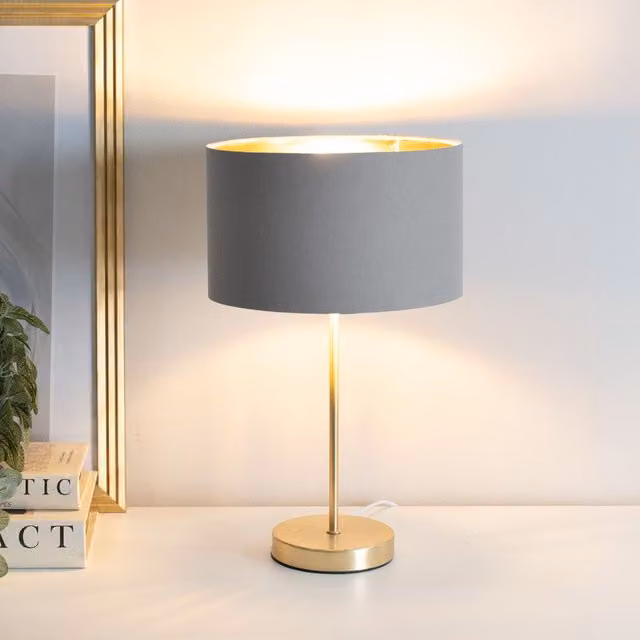 ValueLights Charlie Gold Stem Table Lamp with Grey Fabric Drum and Gold Inner Shade including Bulb – 1