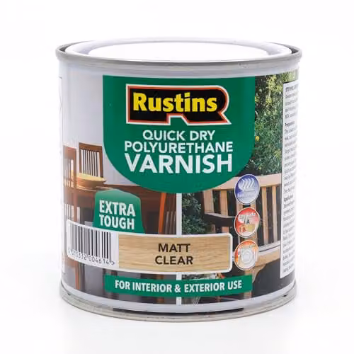 Rustins Quick Dry Water-Based Polyurethane Wood Varnish, Matt Clear, 250ml – 1