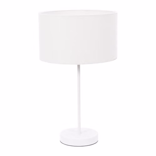 ValueLights White Metal Single Stem Table Lamp with White Fabric Drum Lampshade and Included LED Bulb