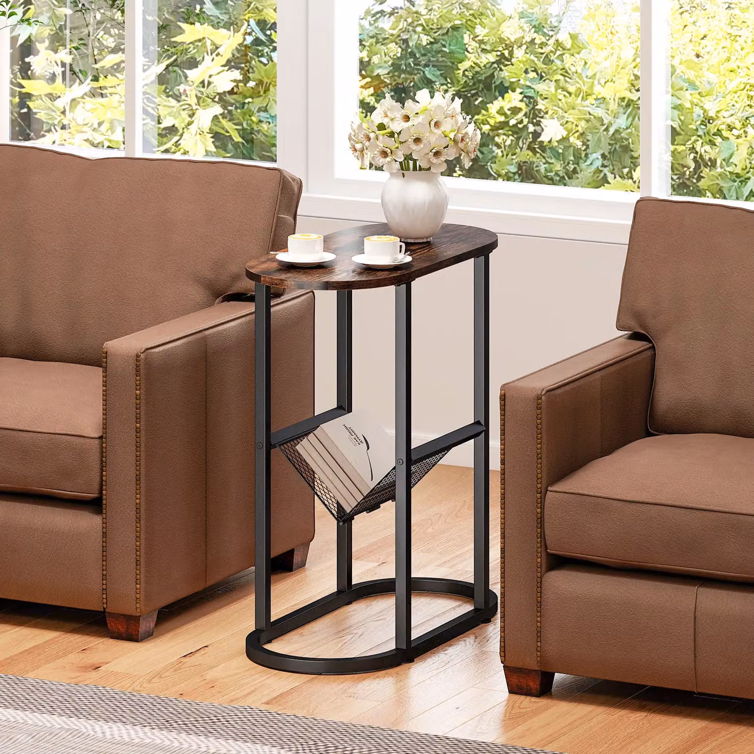 Costway Set of 2 Modern Faux Marble Narrow Side Tables with Magazine Holder in Brown – 4