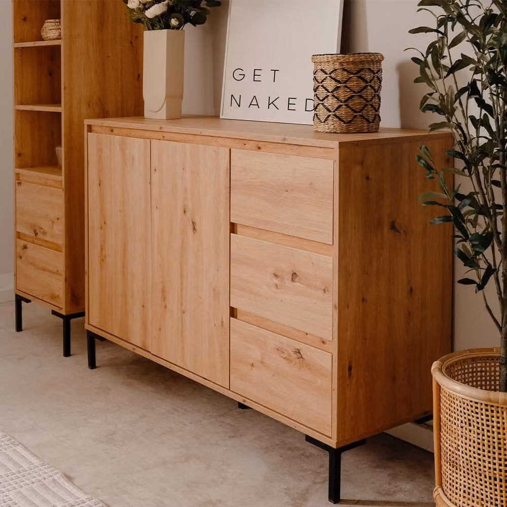 CALICOSY PLOCK Modern 2-Door Sideboard with 3 Drawers, Light Brown Oak Finish – 3