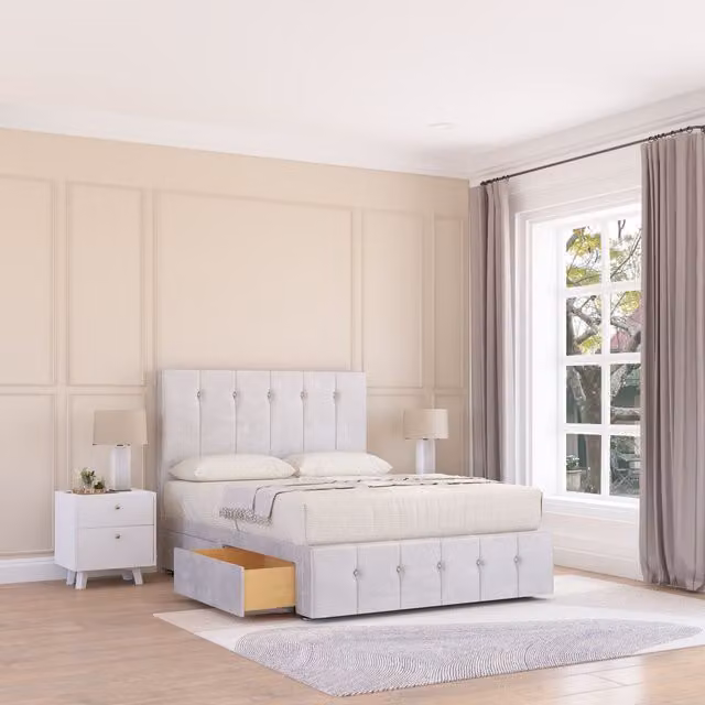 Sloomy Cambridge Chesterfield Divan Bed Base with 2 Drawers, 12 inch Footboard and 26 inch Struts Headboard, Silver, W/D/H: 120 x 200 cm