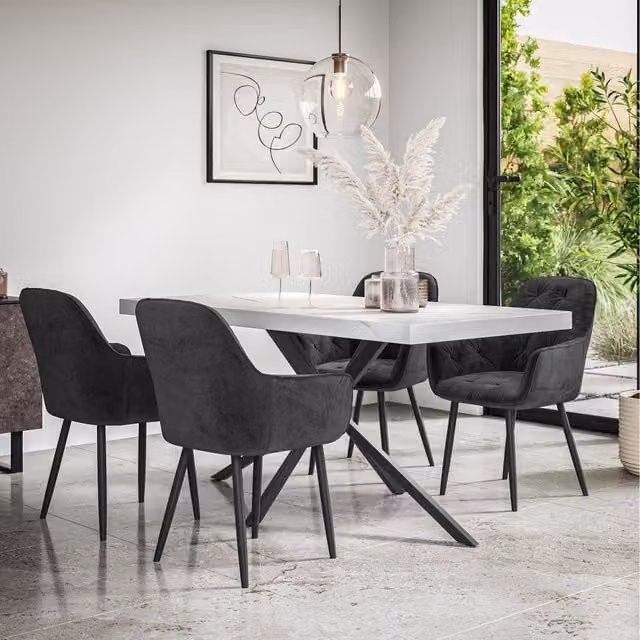 More4Homes Donni Dining Table and 6 Anika Velvet Chairs Set with Marble Effect Top in Black and White
