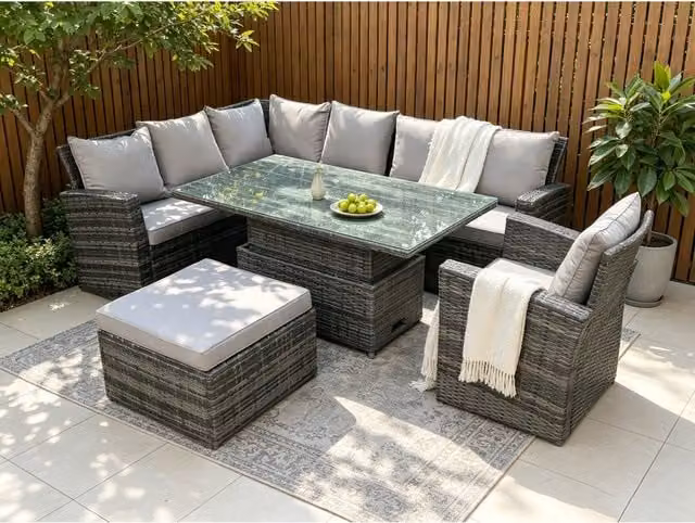 Fimous 8-Seater Rattan Corner Sofa Set with Height-Adjustable Rising Dining Table in Dark Grey Mixed