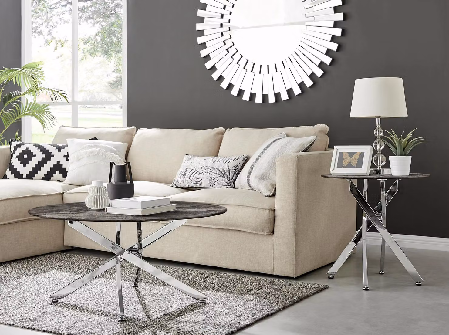 FurnitureboxUK Novara Round Marble Effect Glass Top Coffee Table with Silver Metal Starburst Legs in Grey – 2