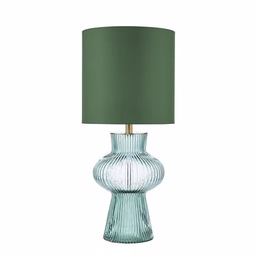 Dar Lighting Suelita Table Lamp in Green Ribbed Glass and Antique Brass, Height: 41.5 cm