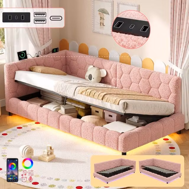 BTM Single Boucle Ottoman Bed in Pink with RGB LED Lighting and USB Charging Port, W/D/H: 90 x 190 cm