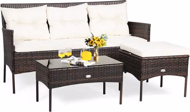 Costway 3 Piece Modern White Rattan Garden Patio Conversation Set