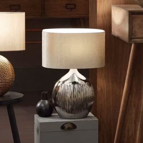 Pacific Lifestyle Ruma Art Deco Silver Ceramic Table Lamp with Oval Fabric Shade