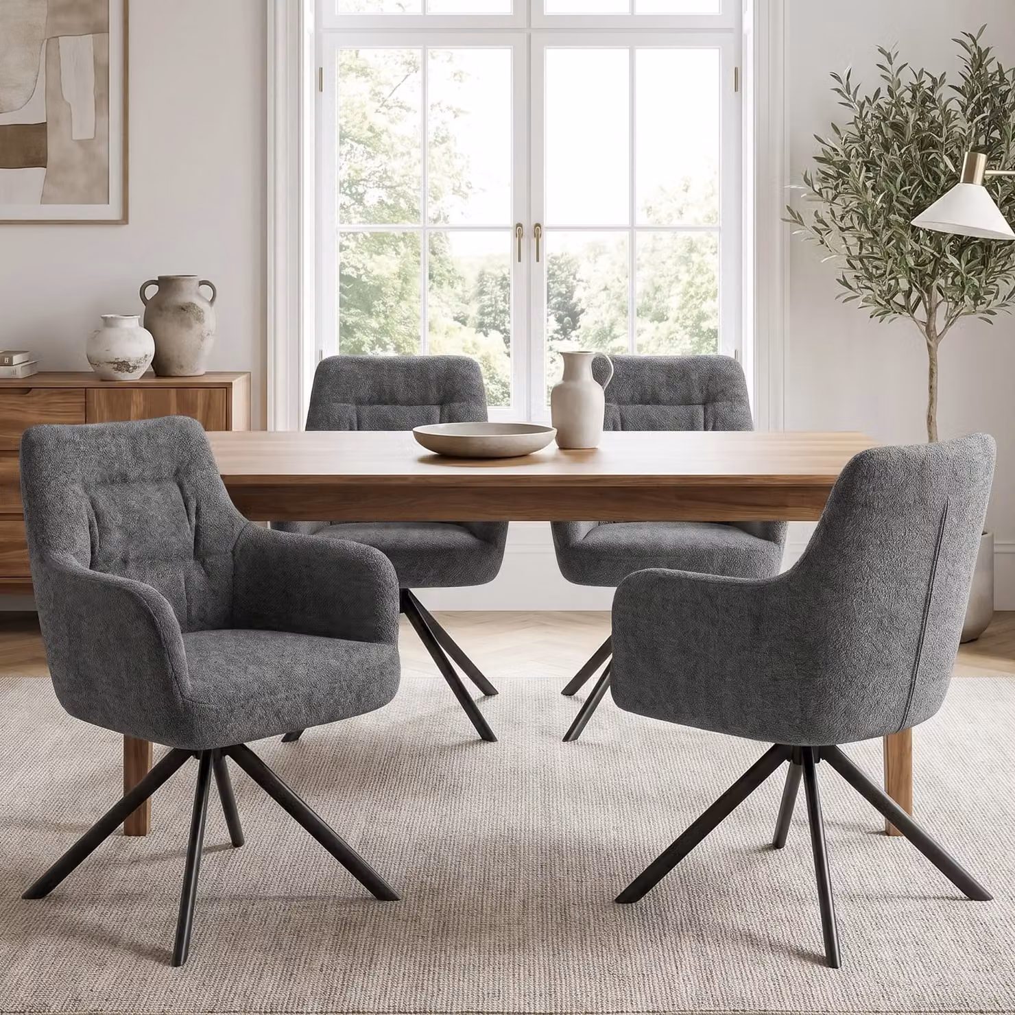 DHS Set of 4 Swivel Boucle Dining Chairs with Armrests in Dark Grey
