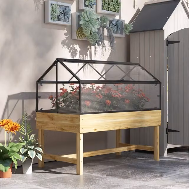 Outsunny Raised Garden Bed with Pent Cold Frame Greenhouse and Polycarbonate Panels in Brown