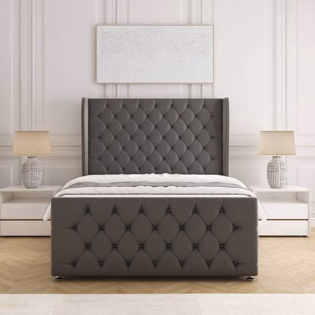 BSSPOKE Anna Plush Velvet Double Divan Bed with Headboard and Mattress in Grey, W/D/H: 140 x 200 x 30.48 cm