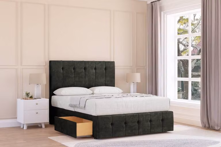Sloomy Cambridge Dumfries Super King Divan Bed Base with 4 Drawers, 26 inch Headboard and 12 inch Footboard in Dark Grey Velvet Fabric