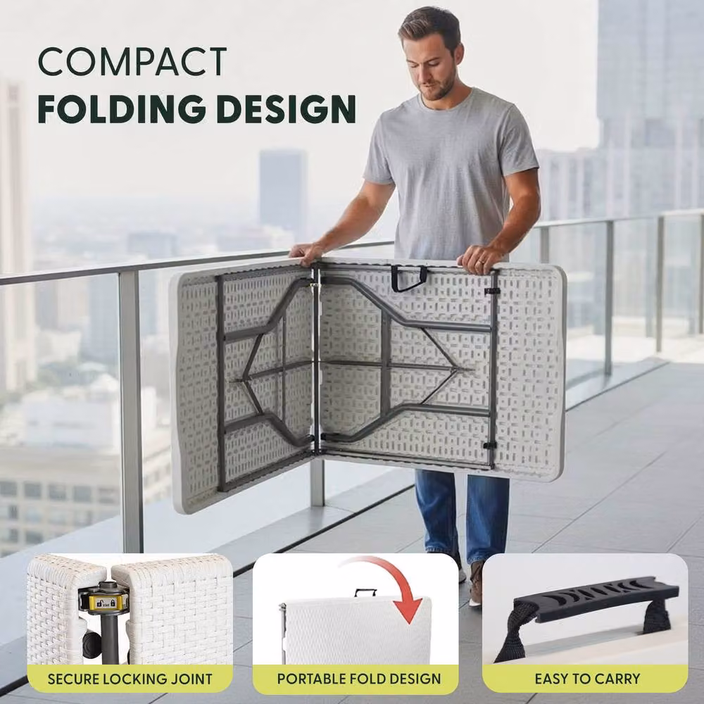 Keplin Portable Folding Table in White Rattan, W/D/H: 180 x 70 x 74 cm – 6