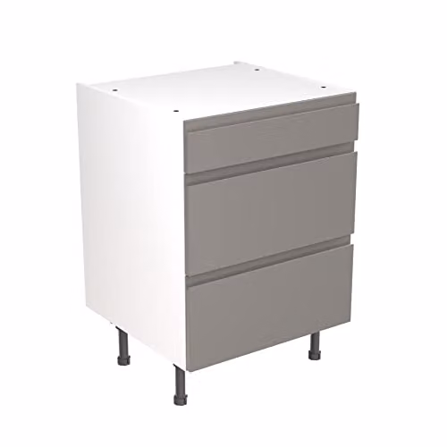 Kitchen Kit Dust Grey Gloss Flatpack Base Cabinet with 3 Internal Drawers and J-Pull Doors, W/D/H: 60 x 57 x 87 cm