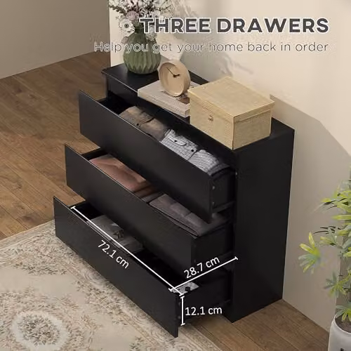 HOMCOM 3-Drawer Chest of Drawers Storage Cabinet in Black, W: 80 cm, D: 39 cm, H: 73 cm – 3