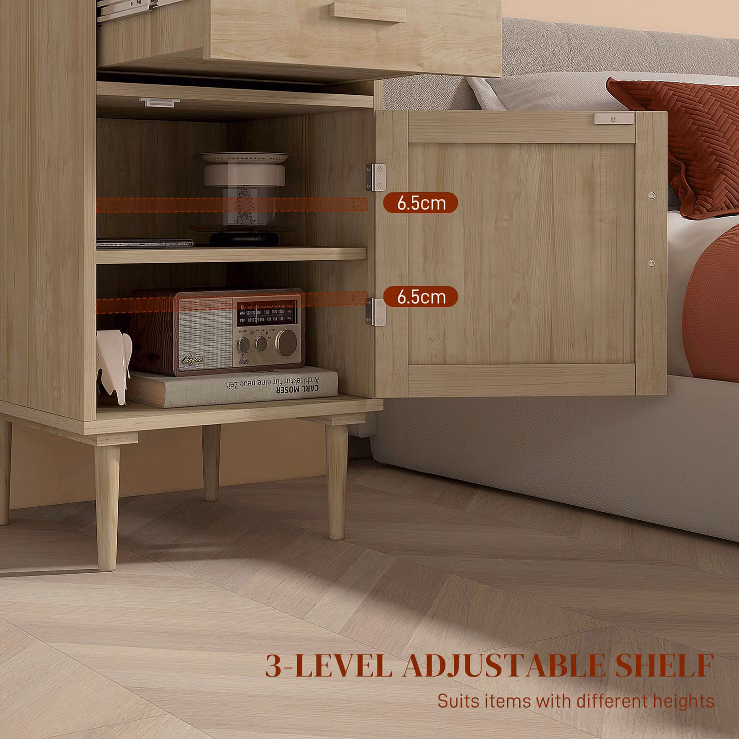 HOMCOM Set of 2 Rattan Bedside Tables with Drawer and Adjustable Shelf in Natural Wood Finish Brown – 3