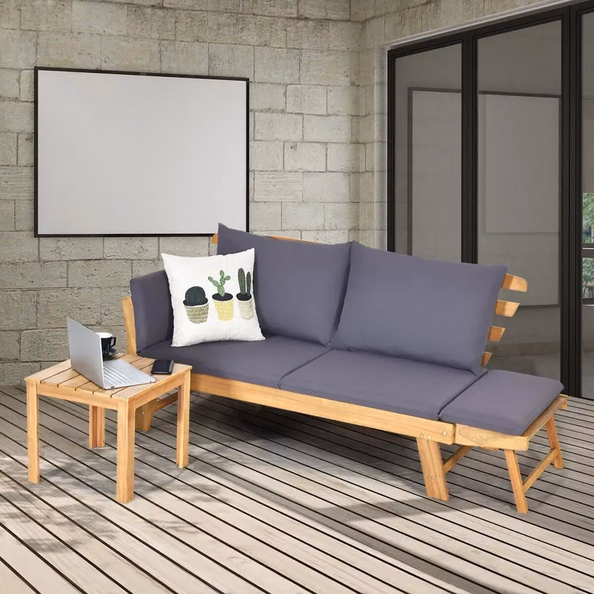Gymax Convertible Outdoor Daybed and Sofa Bed in Grey Acacia Wood – 6