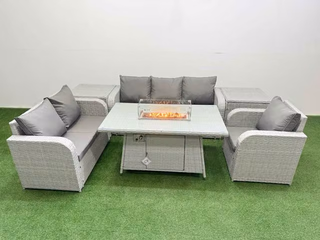 Fimous Patio 6 Seater Grey PE Wicker Rattan Outdoor Furniture Set with Firepit Dining Table, Reclining Chair, Loveseat, 3 Seater Sofa and 2 Side Tables