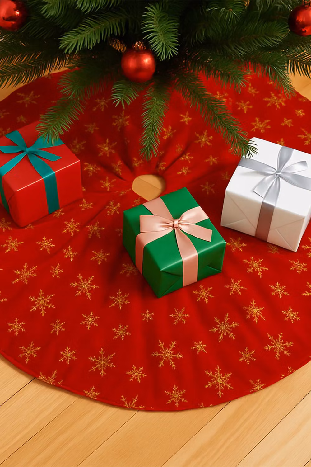 Neel Blue Large Christmas Tree Skirt with Red and Gold Snowflake Design, 1m Diameter – 5