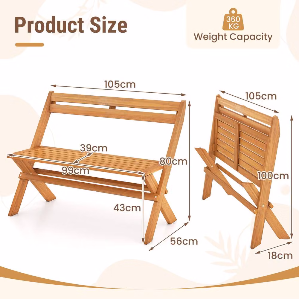 Costway Folding Acacia Wood Outdoor Bench for 2 People with Backrest and Slatted Seat in Natural Brown – 2