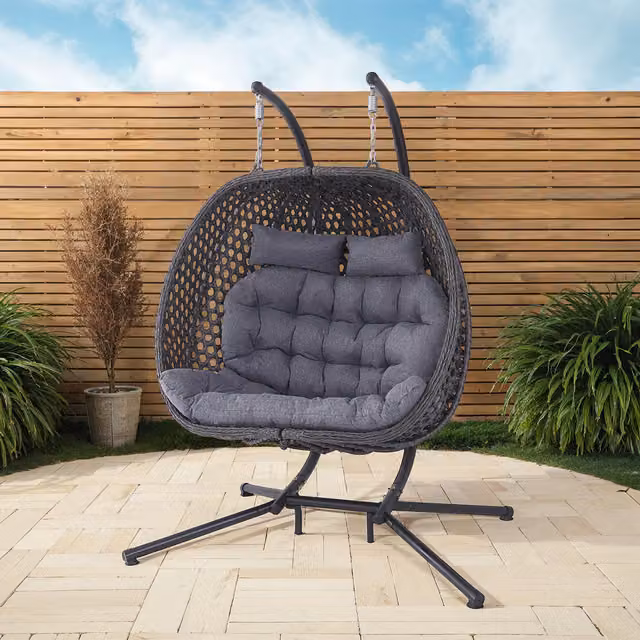 More4Homes Sicily Double Hanging Rattan Egg Chair in Grey with Weatherproof Cushions