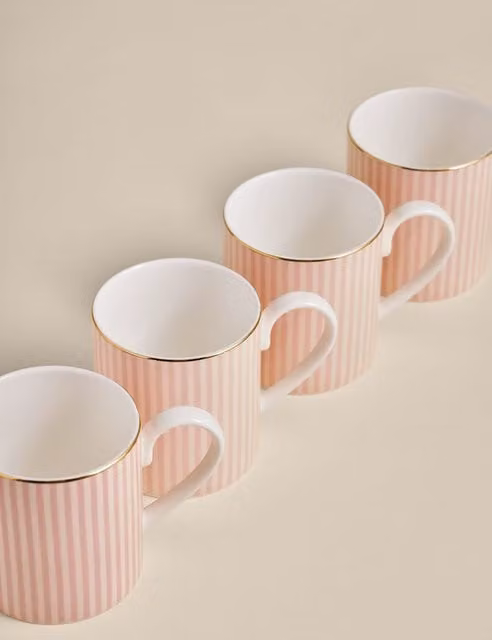 M&S Set of 4 Pink Hampton Striped Bone China Mugs