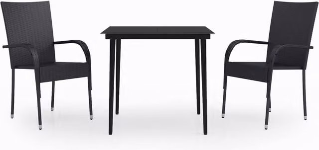 Berkfield Home 3 Piece Modern Garden Dining Set in Matt Black Powder Coated Steel with Glass Top