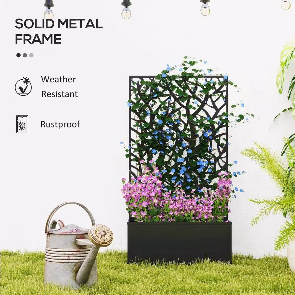 NESTLUNE Metal Raised Garden Bed with Trellis in Black, W/D/H: 113 x 58 x 32 cm – 4
