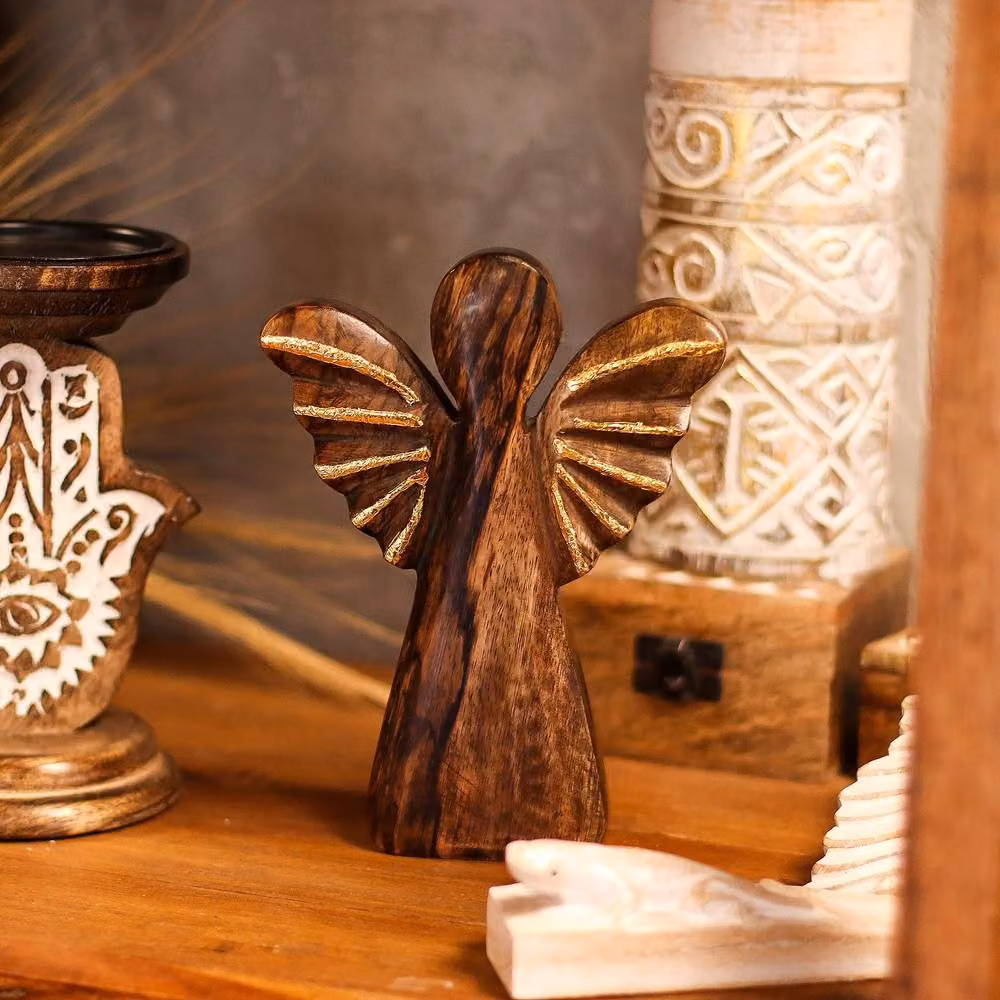 Serenityy Hand-Carved Mango Wood Angel Ornament in Brown and Gold, H 19 cm x W 2 cm x D 1 cm – 3