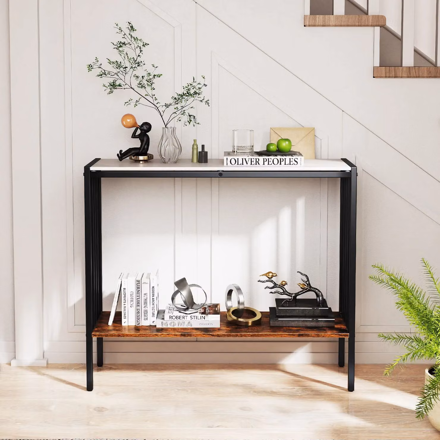 Costway Industrial 2-Tier Console Table with Open Shelf, White – 3