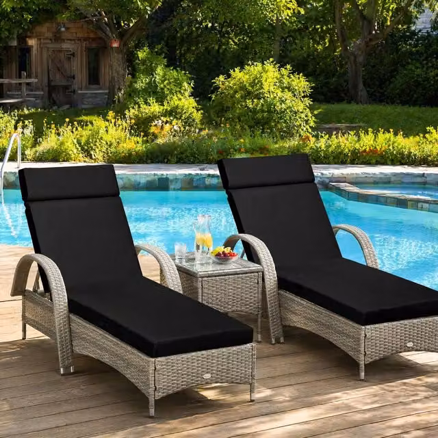 STILVORA Set of 2 Black Sun Lounger Cushions with Ties