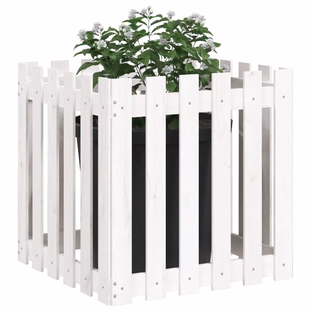 Berkfield Home Garden Planter with Fence Design in White, Solid Wood and Plastic, W/D/H: 60 x 60 x 60 cm – 2