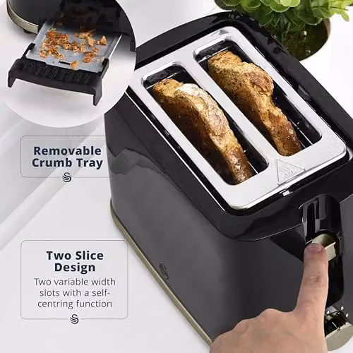 Swan Windsor 2 Slice Toaster in Black with Gunmetal Brass Trim, 900W, ST14071GBLK – 9