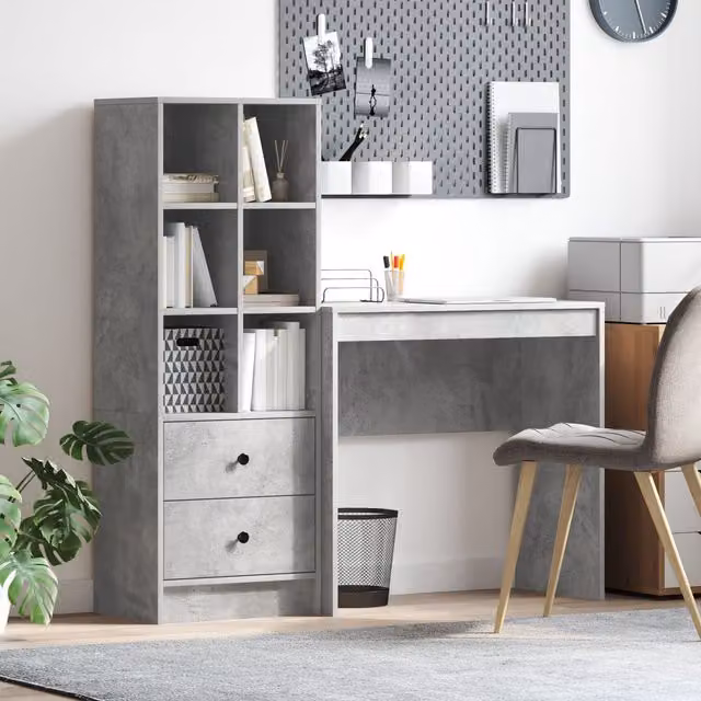 Berkfield Modern Writing Desk with Storage in Concrete Grey and Blue – 1