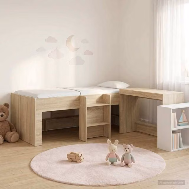 Berkfield Home Kids High Bed Frame with Desk, 2 Piece Sonoma Oak Engineered Wood Set in Brown