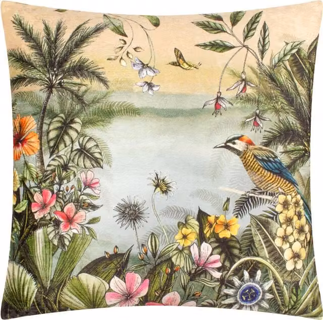 Wylder Nature Leilani Printed Chenille Square Cushion in Green and Multicolour Floral Polyester