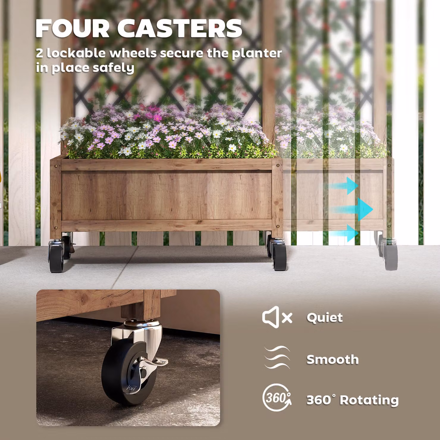 Outsunny Pack of 2 Brown Wooden Raised Garden Beds with Metal Trellis and Wheels, W/D/H: 97 x 52 x 20 cm – 6