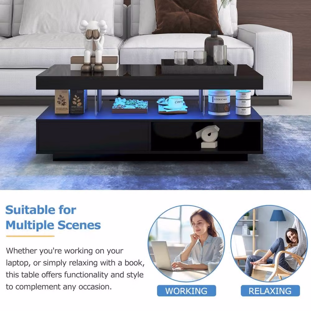 ModernLuxe High Gloss Rectangular Coffee Table with LED Lights and Drawer in Black – 3