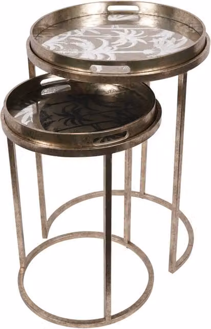 Libra Interiors Palm Tree Set of 2 Gold Metal and Glass Square Side Tray Tables W/D/H: 48 x 48 x 69 cm and 48 x 48 x 48 cm – 1