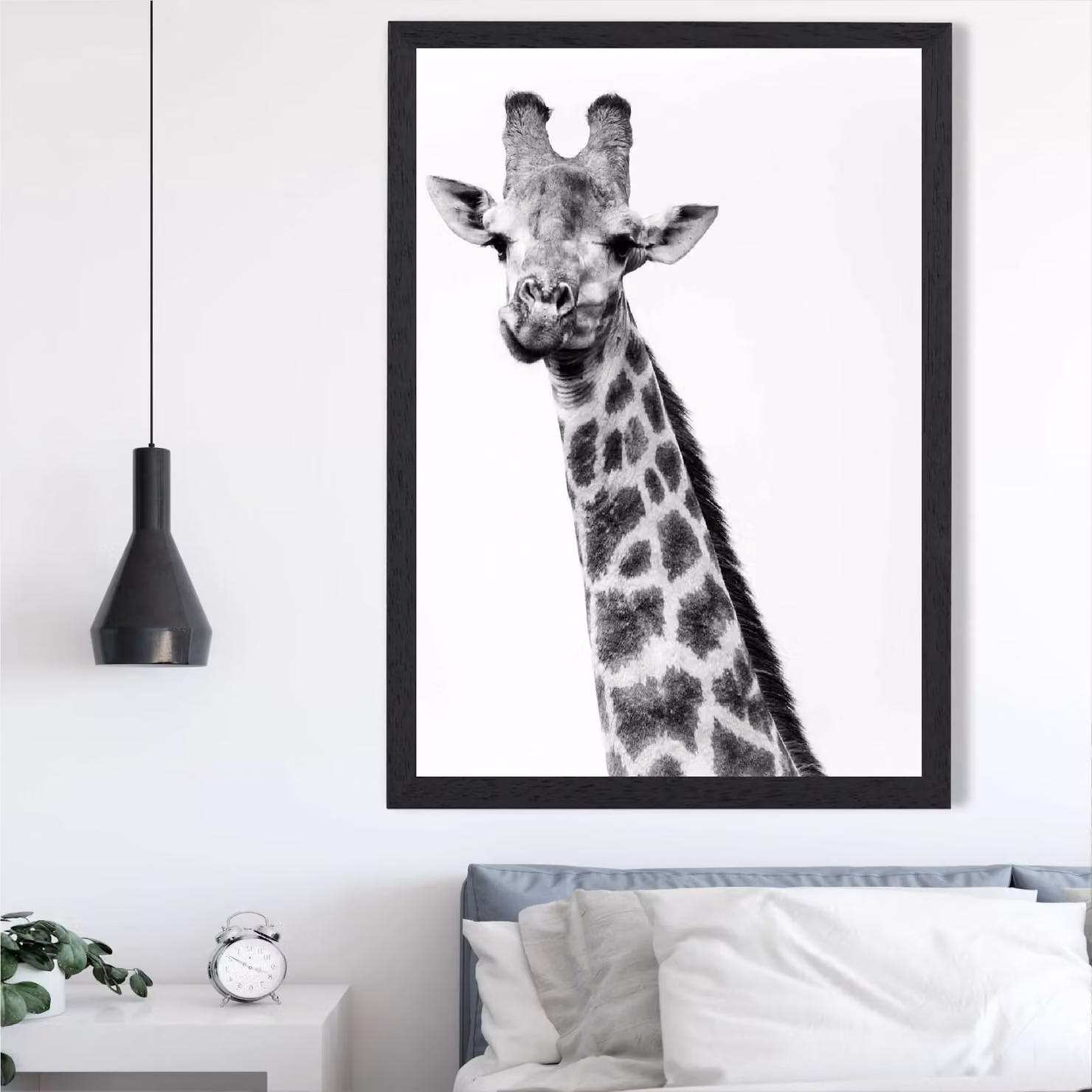 ARTZE Cheeky Giraffe Animal Black and White Photo Framed Print in Black Wood Frame, A3 – 2