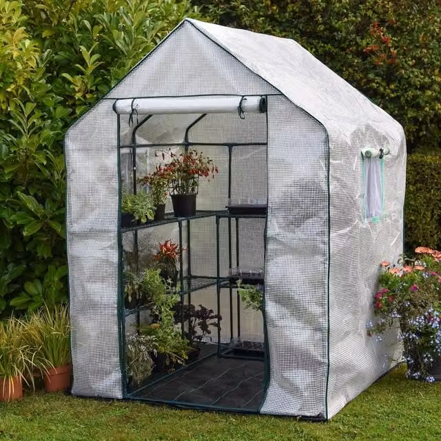 Garden Grow Freestanding Portable Six Shelf Metal Greenhouse with Rollers in White