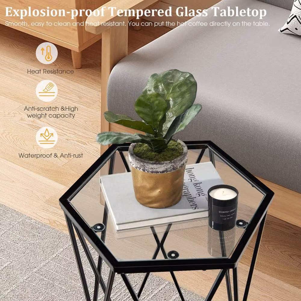 Costway Modern Hexagonal Glass Coffee Table with Black Metal Frame – 4