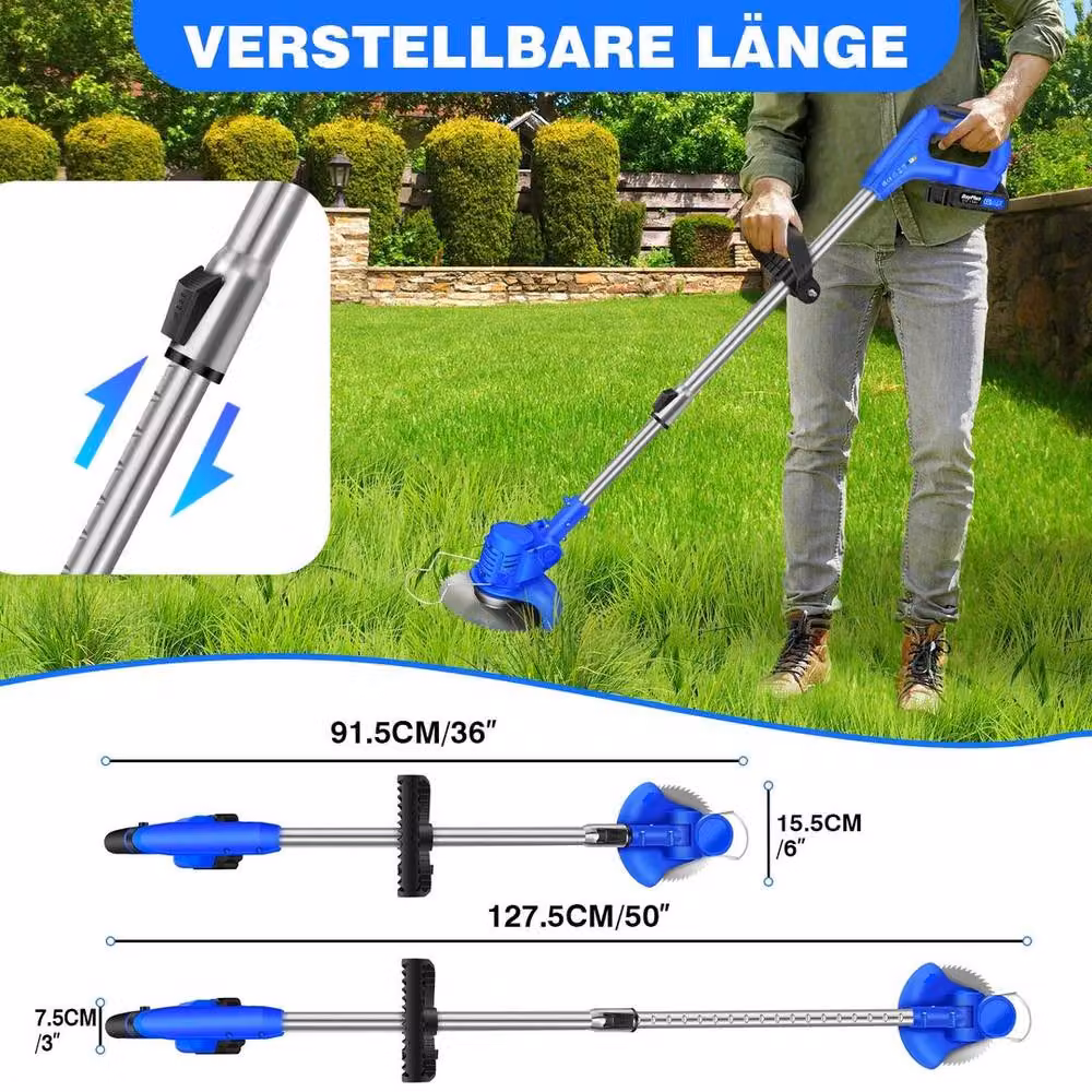 EONLION Cordless Electric Grass Trimmer in Blue with 21V Rechargeable Battery and Spare Battery – 2