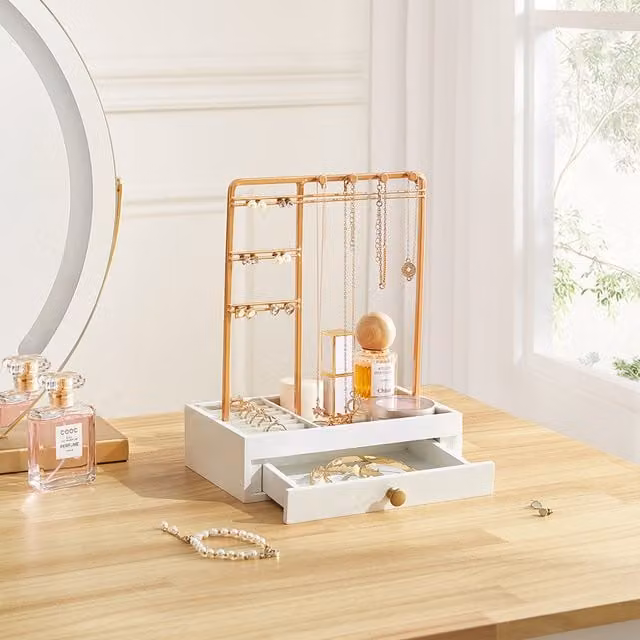 Livingandhome Freestanding Jewellery Display Stand with Drawer in White and Gold
