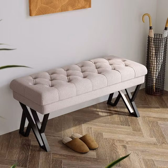 Livingandhome Beige Linen Rectangular Pouffe Footstool and Upholstered Seat Bench