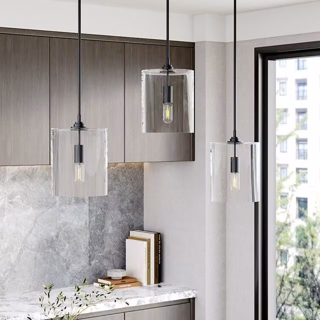 Livingandhome Modern Black Metal Cylinder Pendant Light with Transparent Glass Lampshade